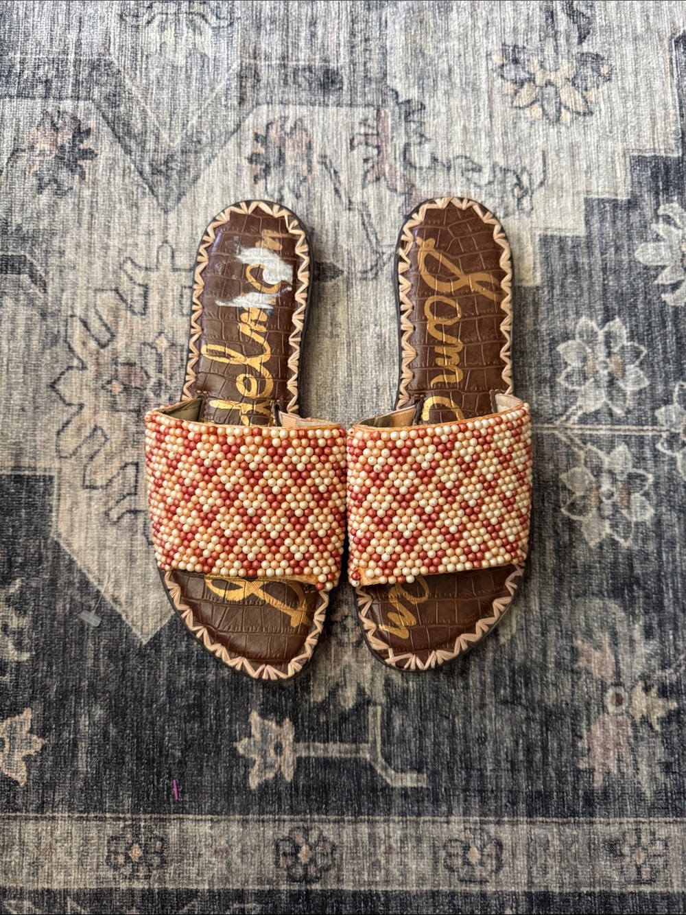 Sam Edelman Beaded Slide Sandals in Coral and Cream